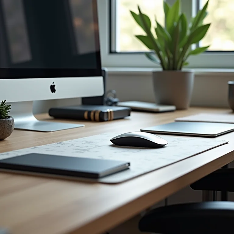 Mesa organizada com mousepad ergonômico e ferramentas de produtividade