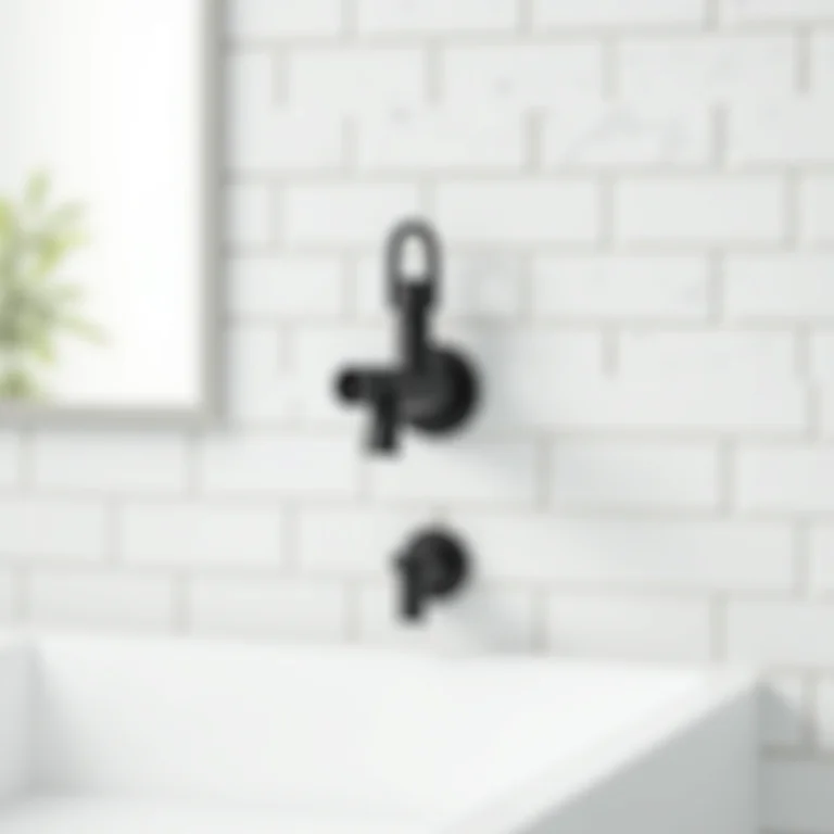 Metais pretos em banheiro com tijolinho branco