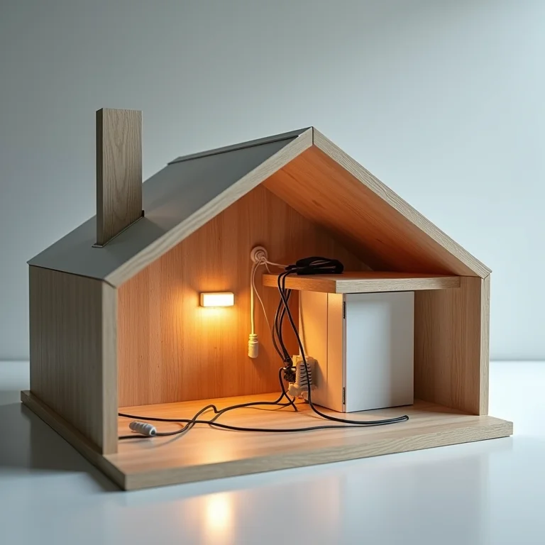Miniatura de uma casa com fiação elétrica segura e visível