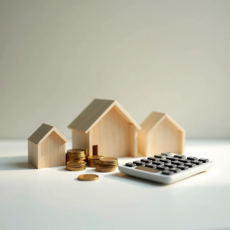 Miniaturas de casas com calculadora e moedas, representando investimentos imobiliários.