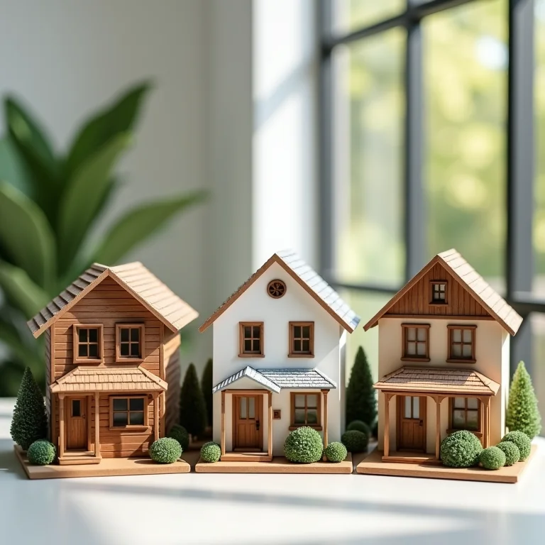 Miniaturas de casas representando diferentes estilos arquitetônicos.