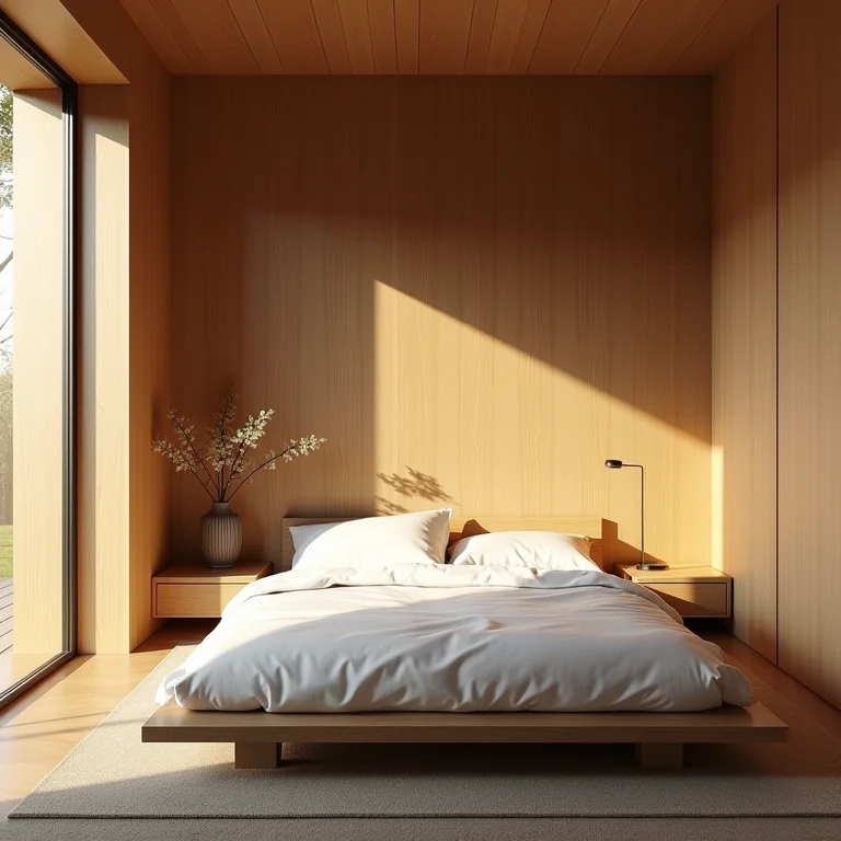 Minimalist bedroom with bamboo wall panels