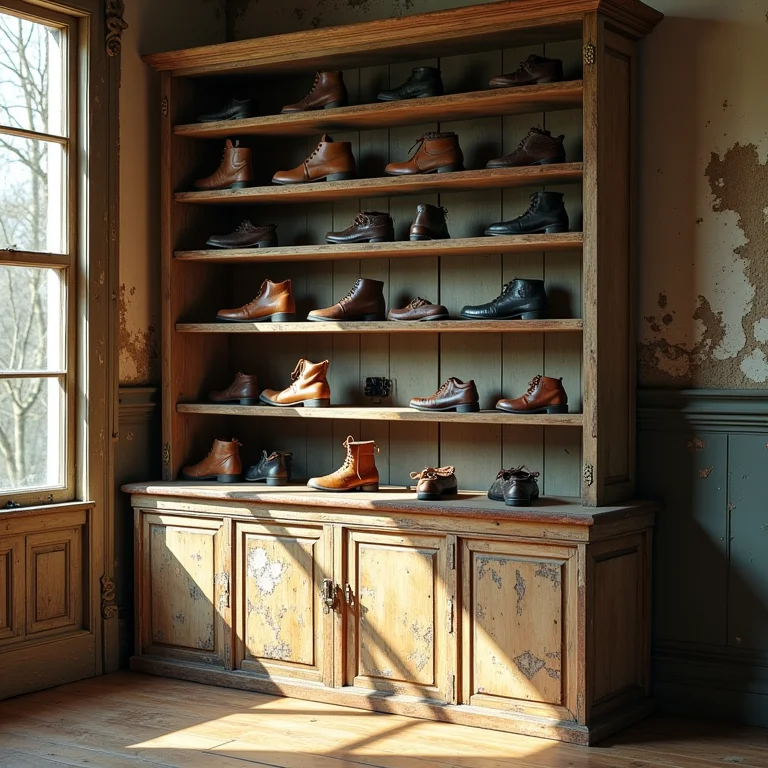 Mobiliário desgastado em loja de sapatos.