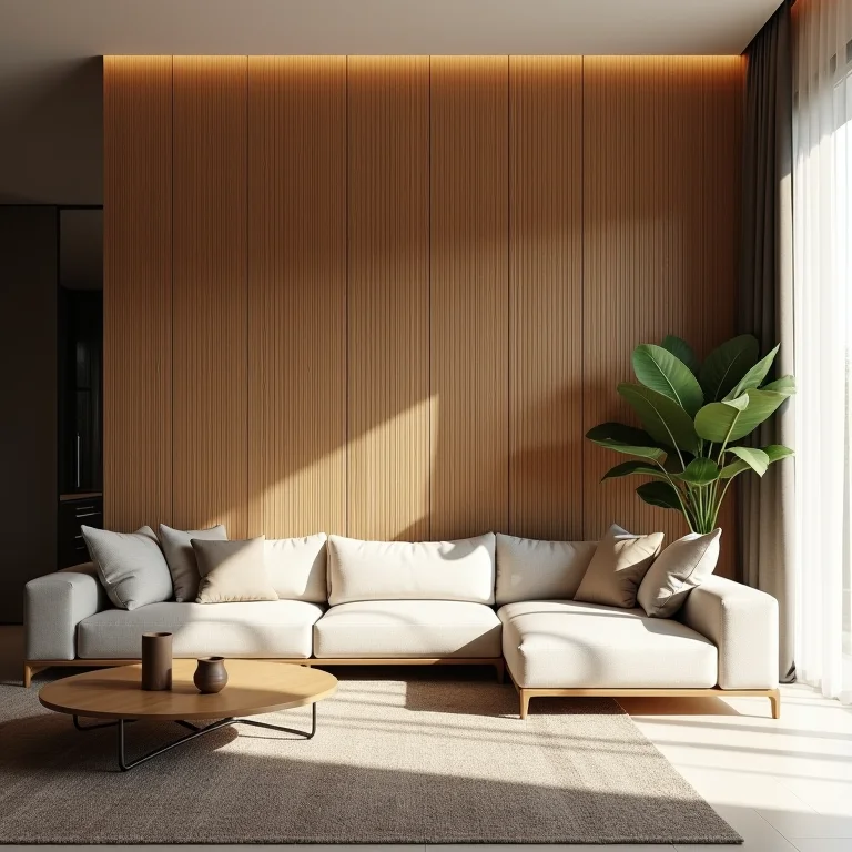 Modern living room with bamboo feature wall