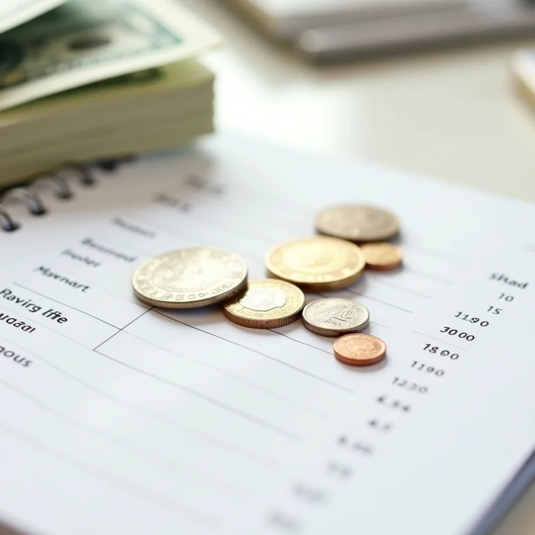 Moedas, notas e planejador financeiro minimalista