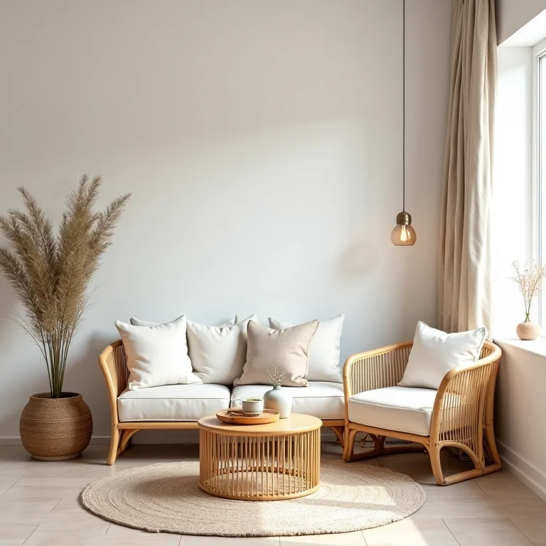 Móveis de madeira clara para uma casa de praia: bambu e rattan.