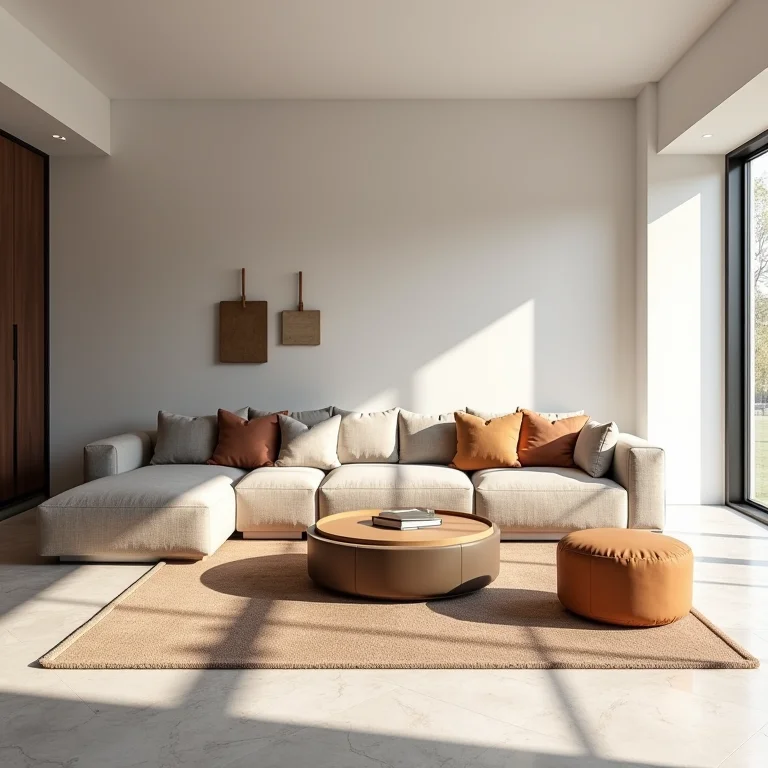 Móveis geométricos harmonizando em sala de estar espaçosa