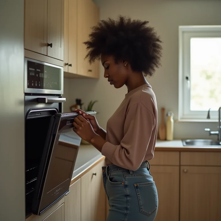 Mulher abrindo e fechando o forno rapidamente para economizar gás