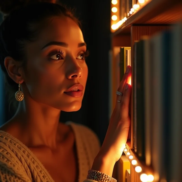 Mulher admirando estante iluminada com fitas de LED.