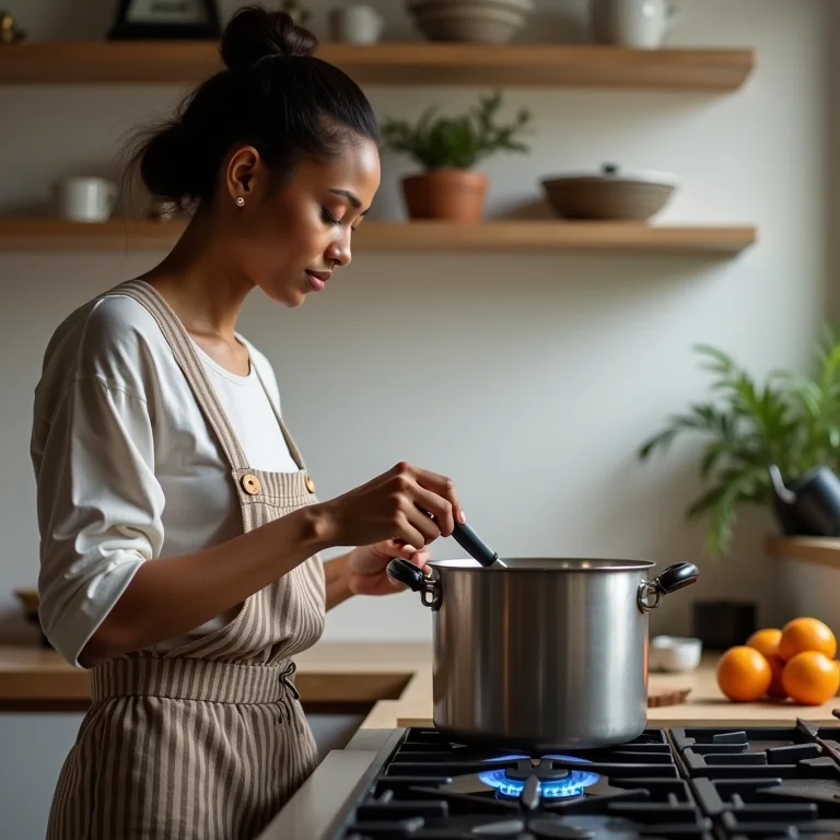 Mulher ajustando chama do fogão para economizar gás