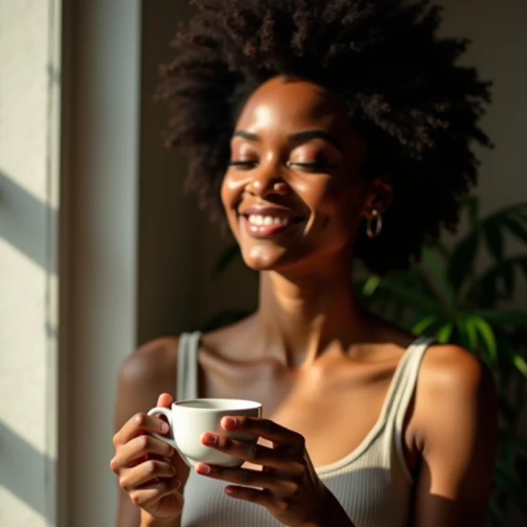 Mulher aliviada bebendo chá.