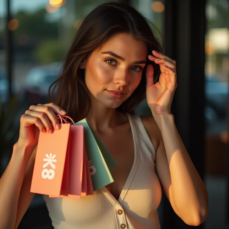 Mulher analisando etiquetas de desconto com expressão pensativa.