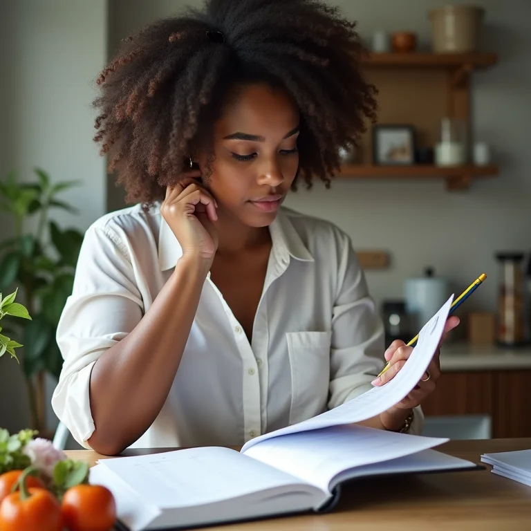 Mulher analisando sua rotina para planejar refeições.