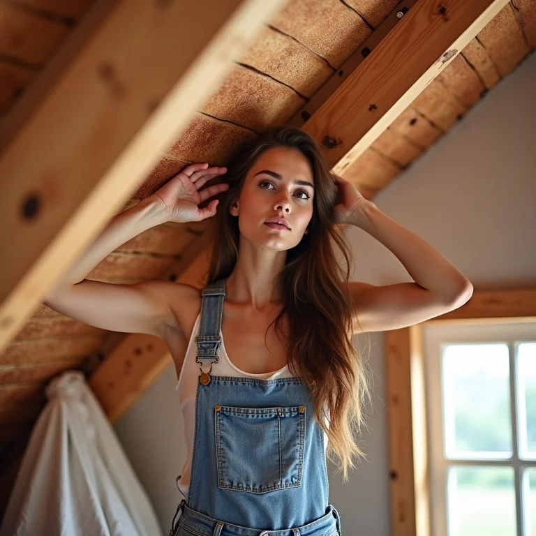 Mulher aplicando isolamento térmico em sótão