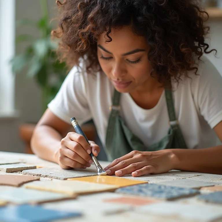 Mulher aplicando rejunte acrílico em amostra de azulejo.