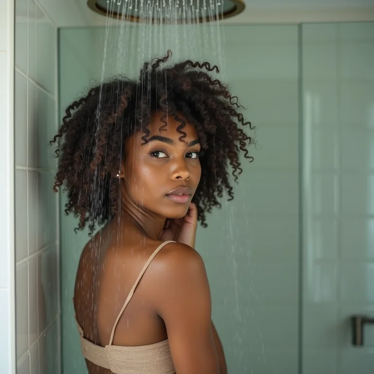 Mulher aproveitando box de banheiro moderno