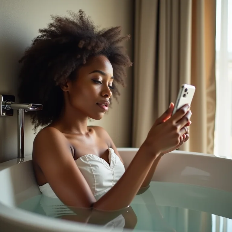 Mulher aproveitando entretenimento no banho com suporte de celular