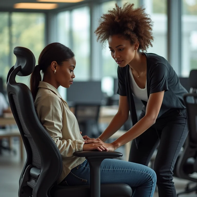 Mulher avaliando cadeiras ergonômicas em loja
