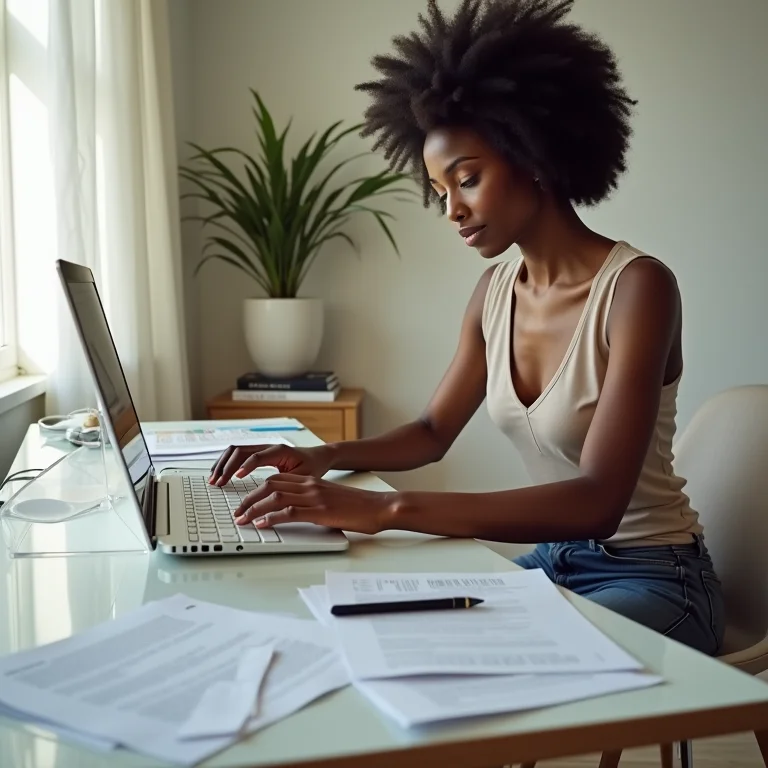 Mulher avaliando mesa de escritório suspensa e dobrável