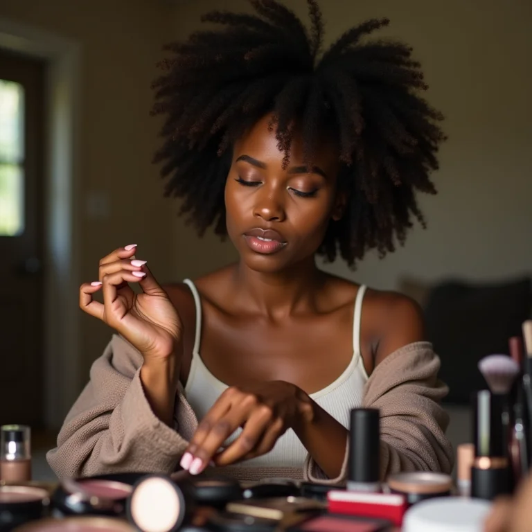 Mulher avaliando sua coleção de maquiagem