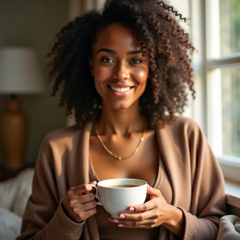 Mulher bebendo chá de hortelã com expressão relaxada