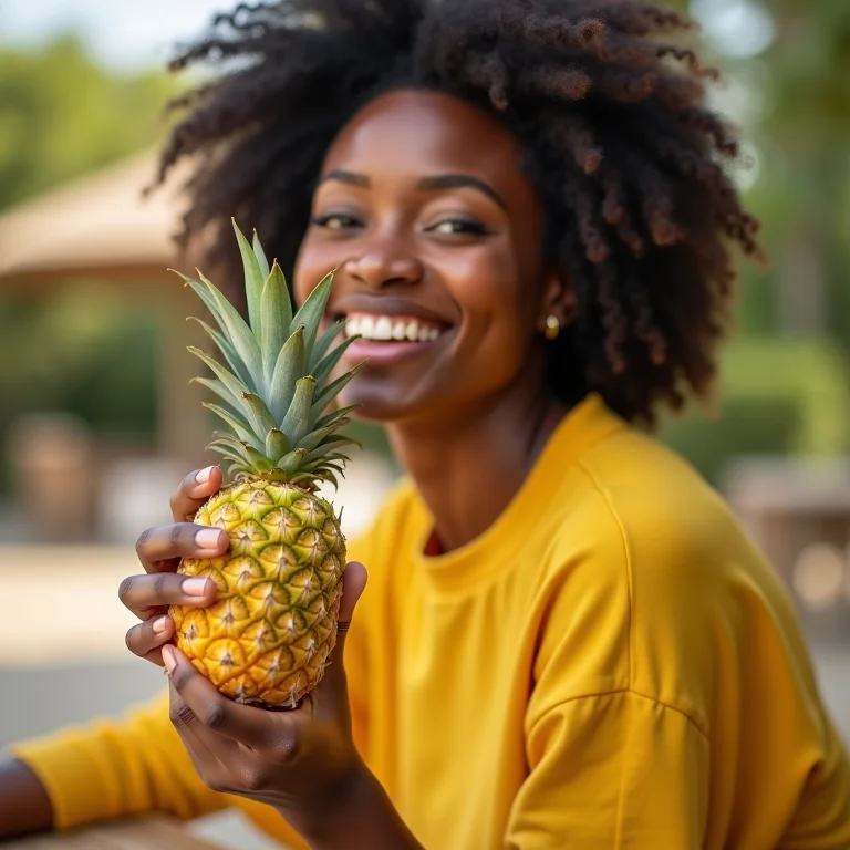 Mulher bebendo smoothie de abacaxi ao ar livre