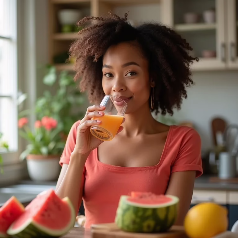 Mulher bebendo suco de casca de melancia para uma saúde radiante