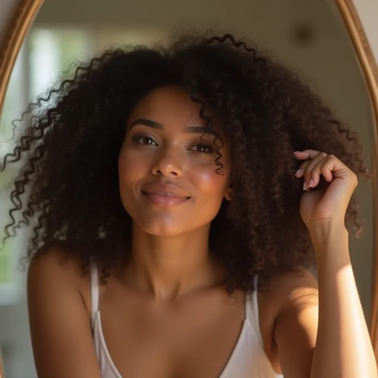 Mulher cacheada se arrumando em frente a um espelho orgânico
