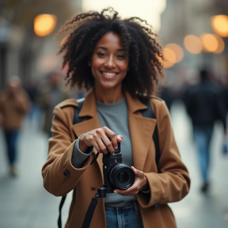 Mulher caminhando e segurando uma câmera com estabilização de imagem.