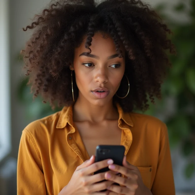 Mulher chocada olhando conteúdo no celular