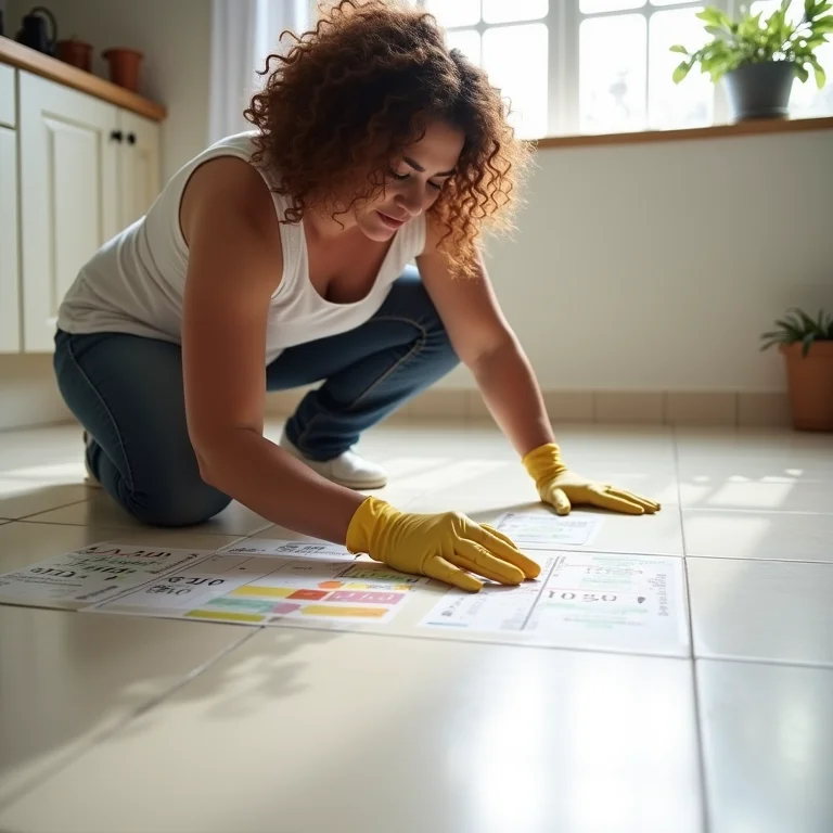 Mulher colocando data em piso recém colocado