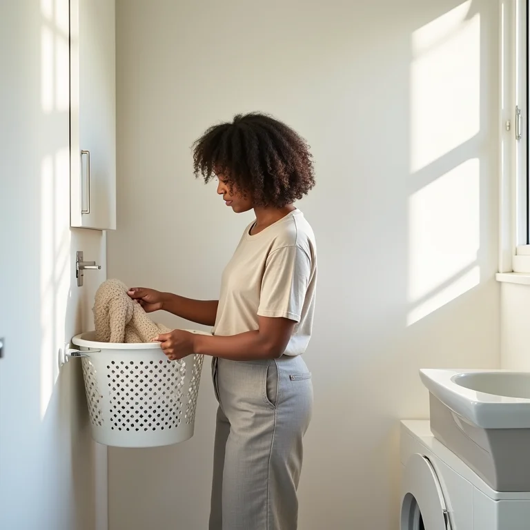 Mulher colocando roupa suja em cesto de parede com ventilação