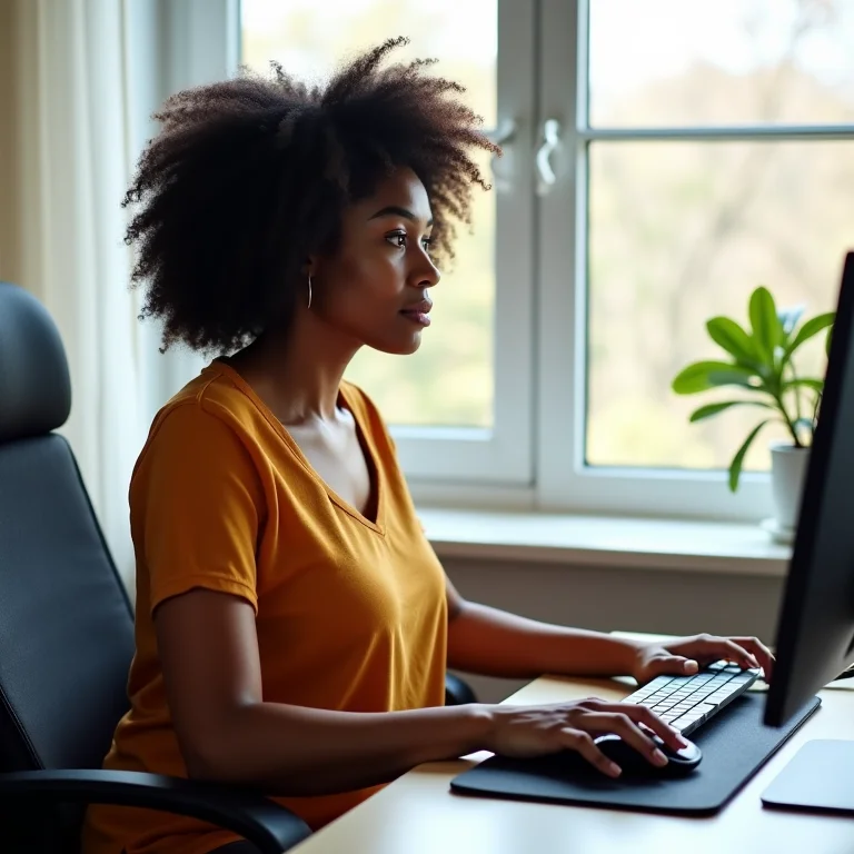 Mulher com postura correta usando mousepad ergonômico
