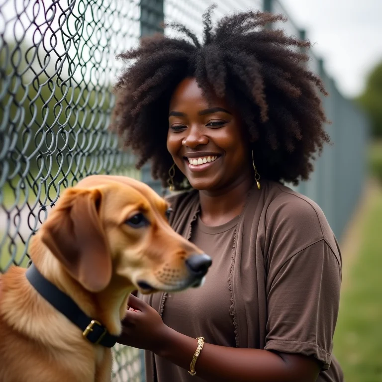 Mulher com seu cachorro perto de uma cerca elétrica.