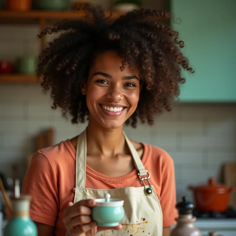 Mulher criando acessório de cozinha retrô DIY