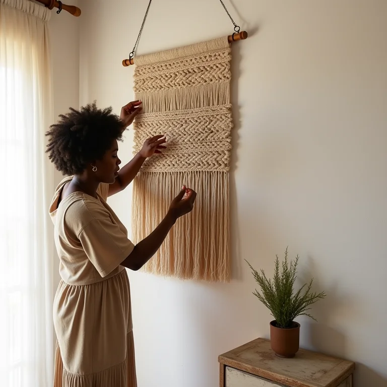 Mulher criando uma parede de galeria com tapeçaria como ponto focal