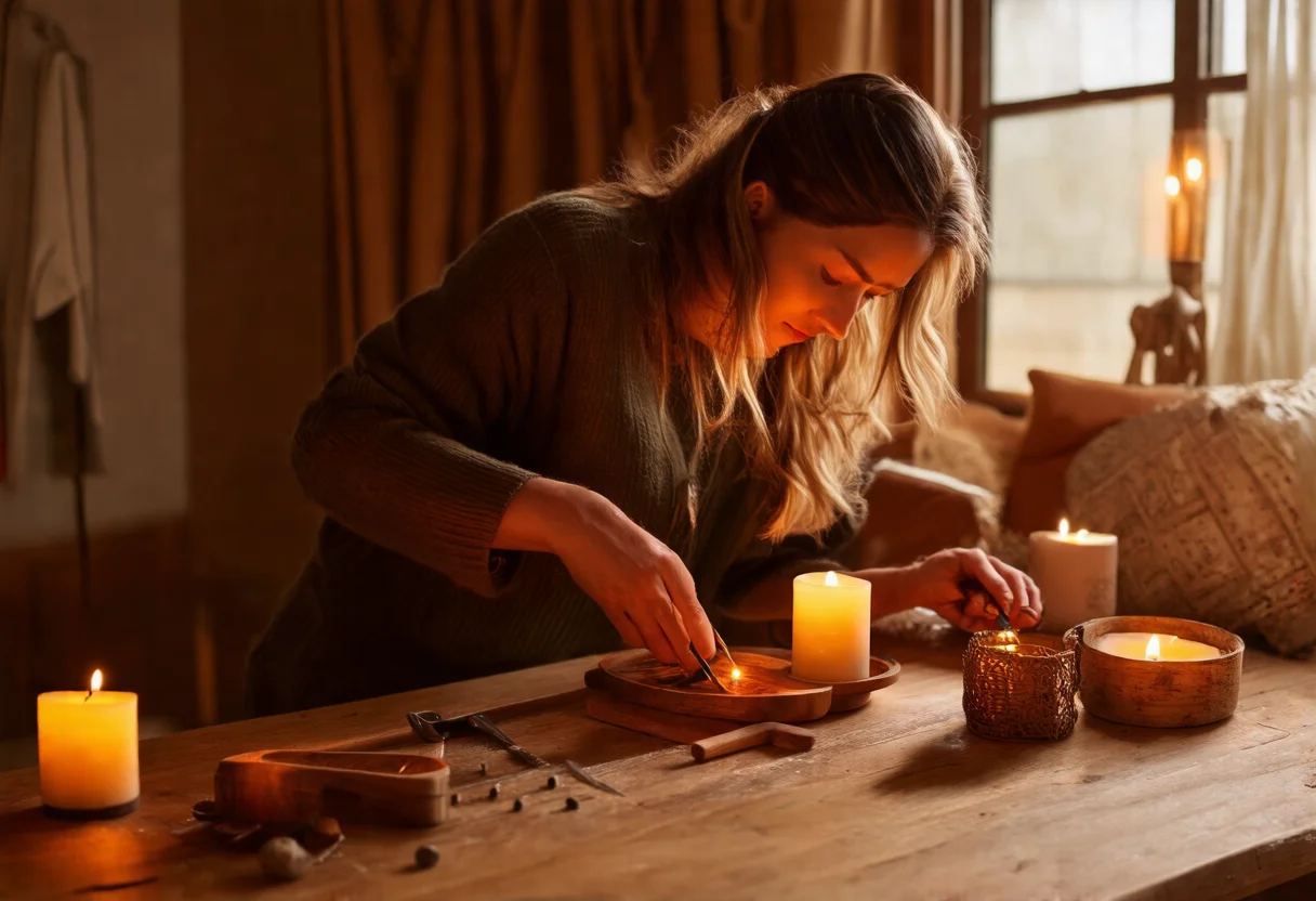 Mulher criando velas decorativas artesanais em casa.