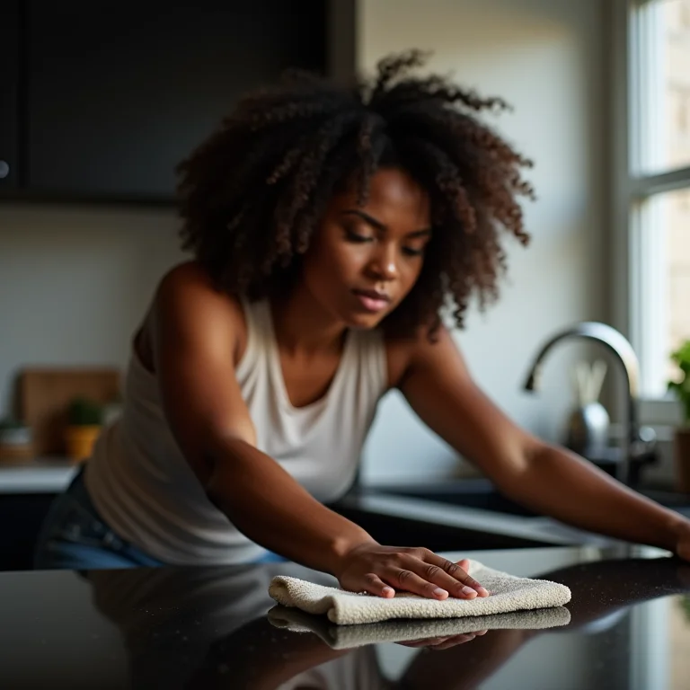 Mulher cuidando de bancada preta requintada