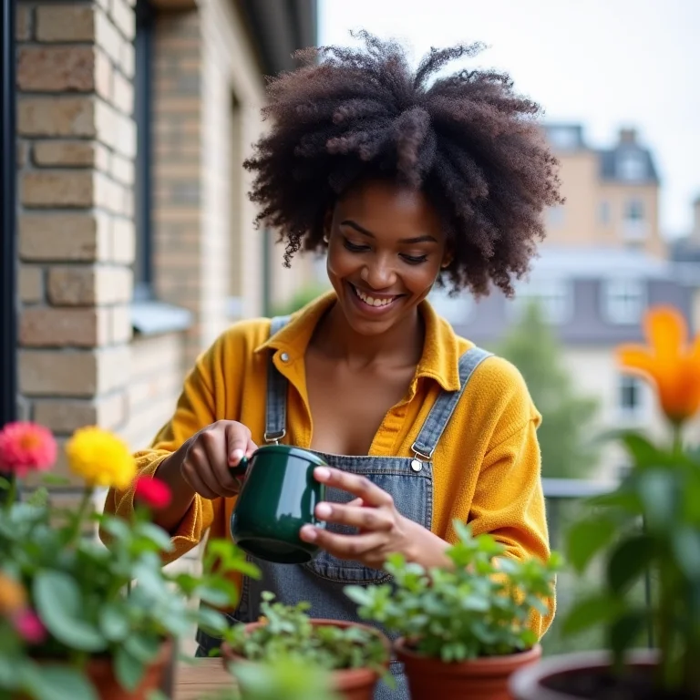 Mulher cuidando de flores comestíveis em seu jardim urbano