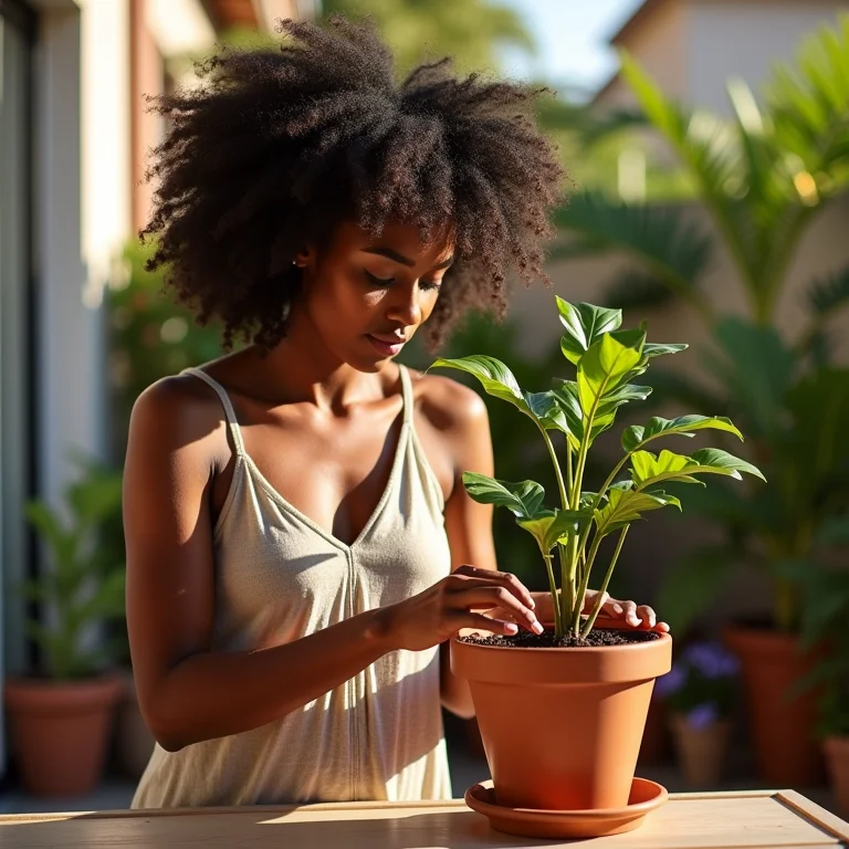 Mulher cuidando de muda de pitangueira em vaso.