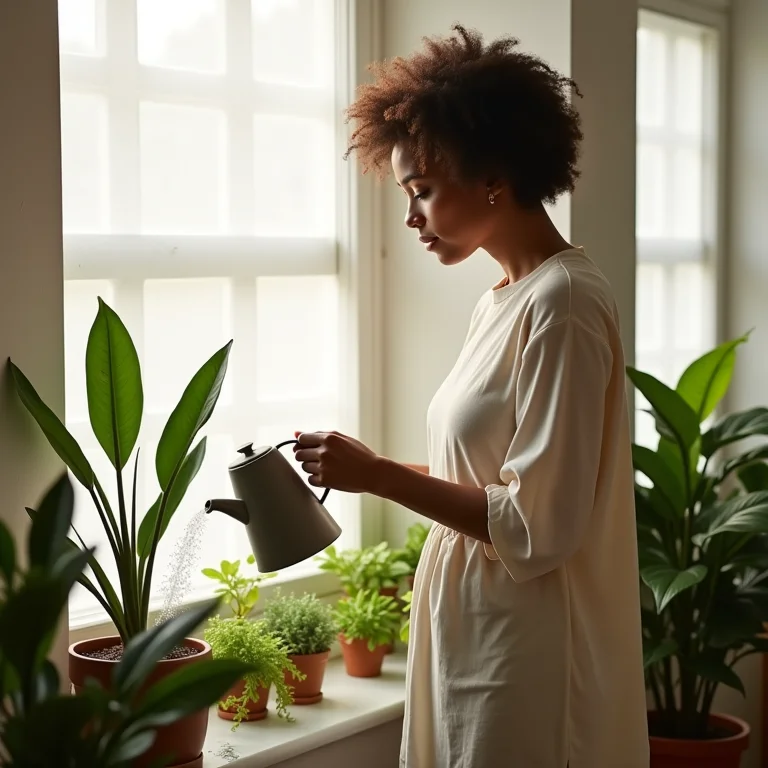Mulher cuidando de planta Comigo Ninguém Pode em casa