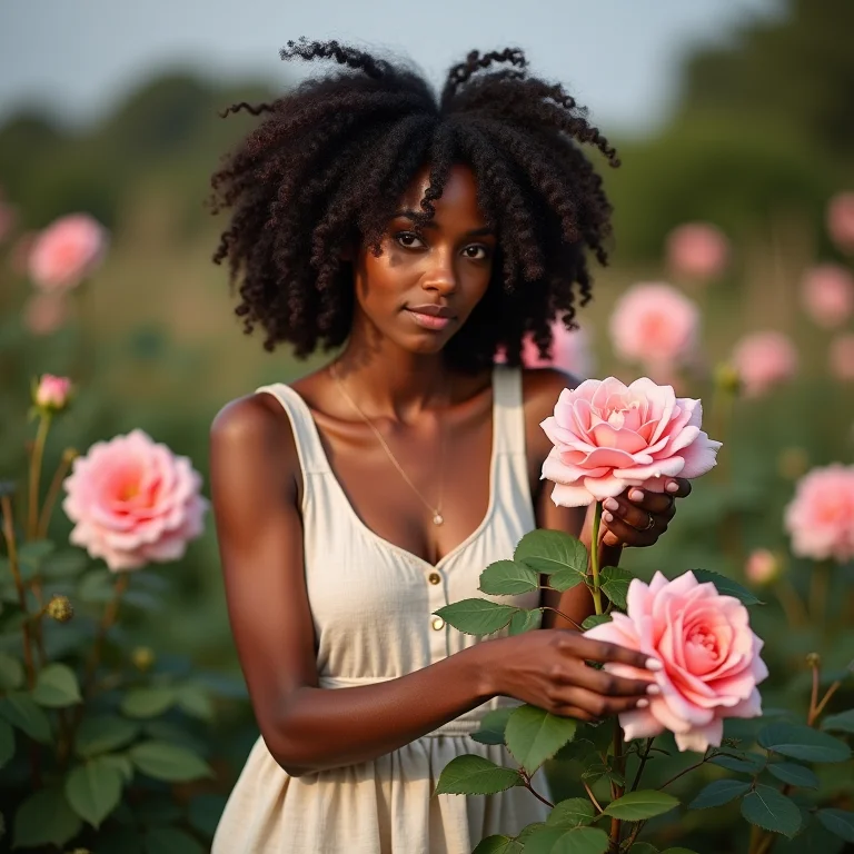 Mulher cuidando de rosas em um jardim ensolarado.