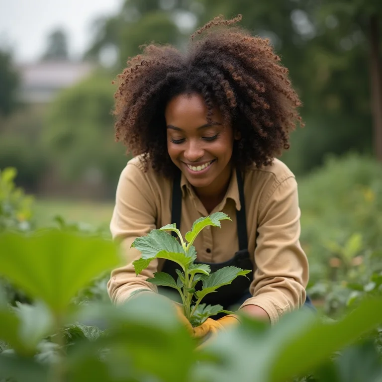 Mulher cultivando aipim em sua horta urbana