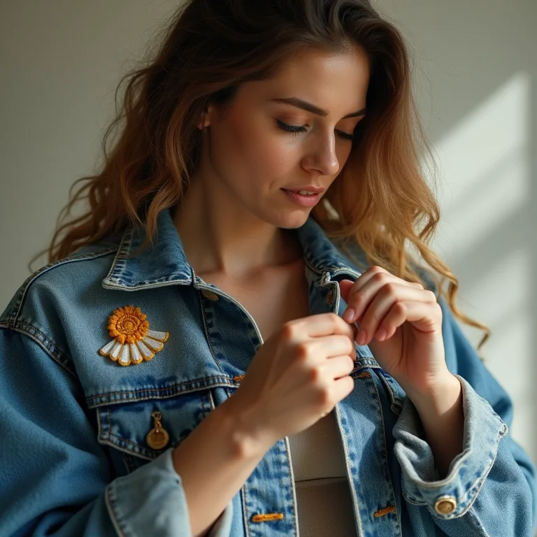 Mulher customizando jaqueta jeans com patches e botões