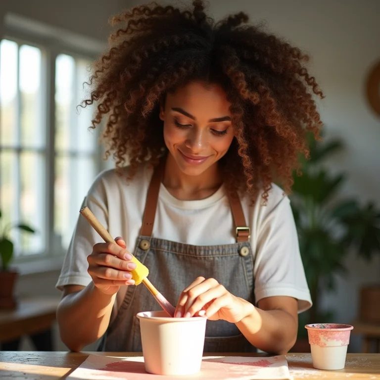 Mulher customizando um vaso de cerâmica com técnicas de pintura.
