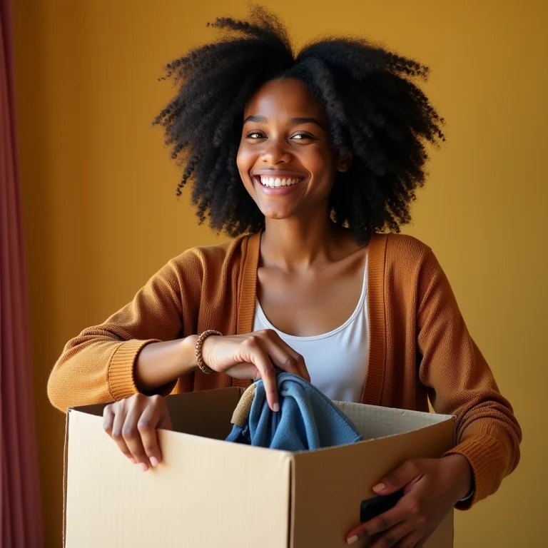 Mulher doando roupas em caixa de caridade, adotando o minimalismo financeiro