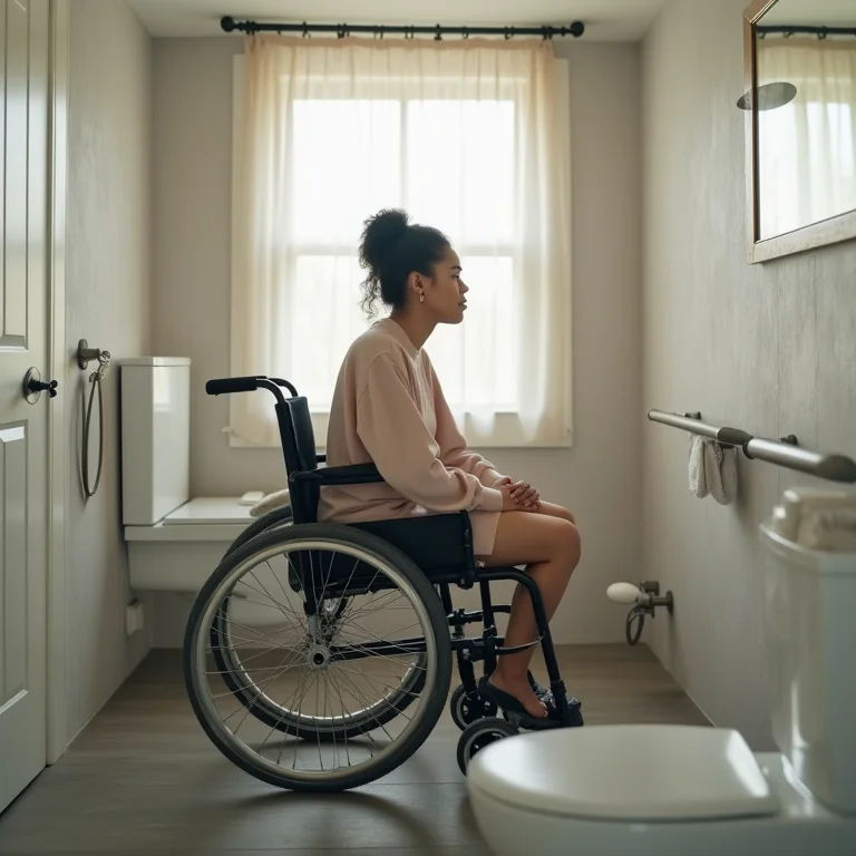 Mulher em cadeira de rodas utilizando banheiro acessível.