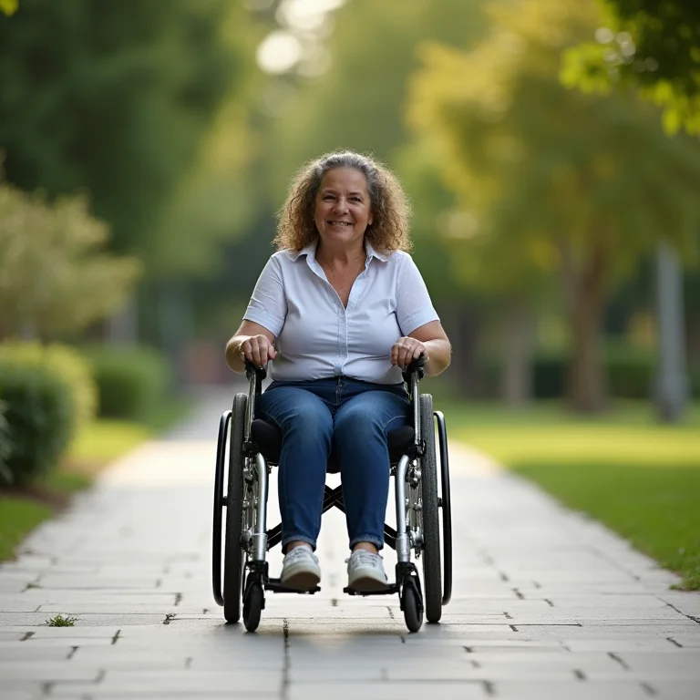 Mulher em cadeira de rodas utilizando calçada acessível.