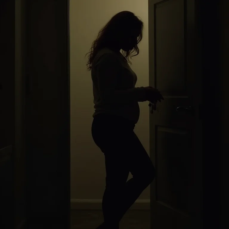 Mulher em hall de entrada mal iluminado procurando chaves