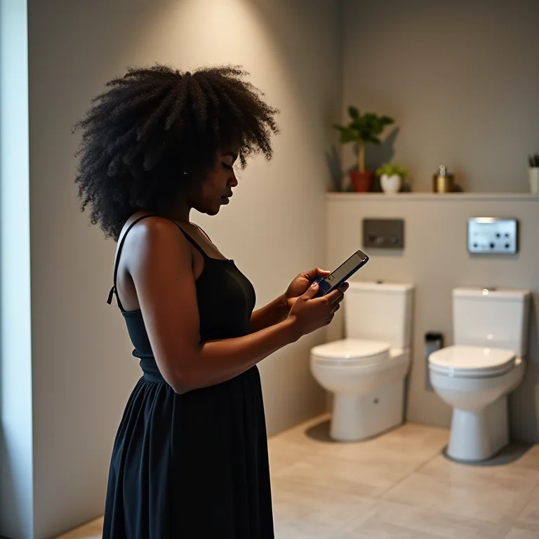 Mulher escolhendo bacia sanitária com caixa acoplada.